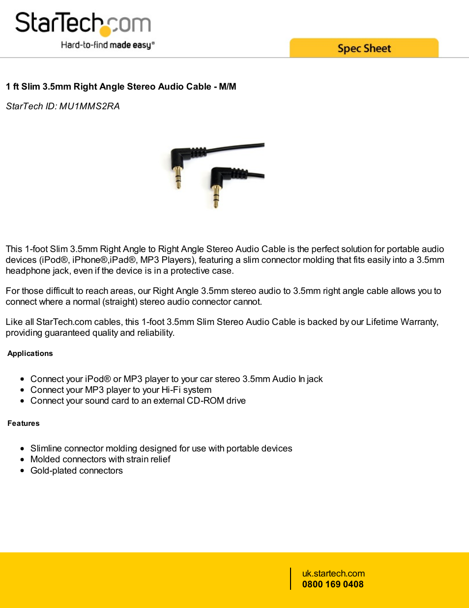 StarTech.com Right-Angle 3.5mm to Right-Angle 3.5mm Stereo Audio Cable (Black, 1') User Manual | 2 pages