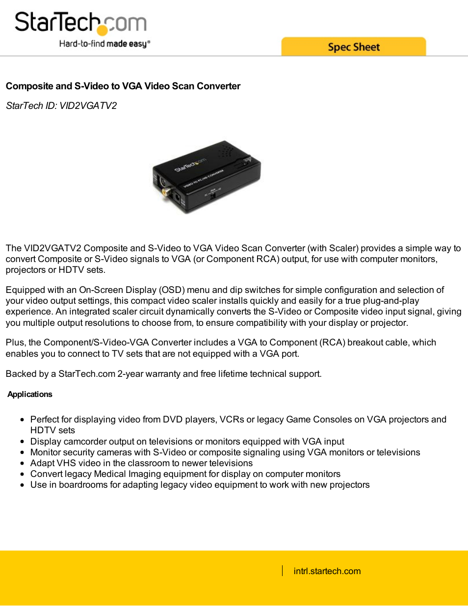 StarTech.com VID2VGATV2 Composite and S-Video to VGA Video Scan Converter with Scaler (Black) User Manual | 3 pages