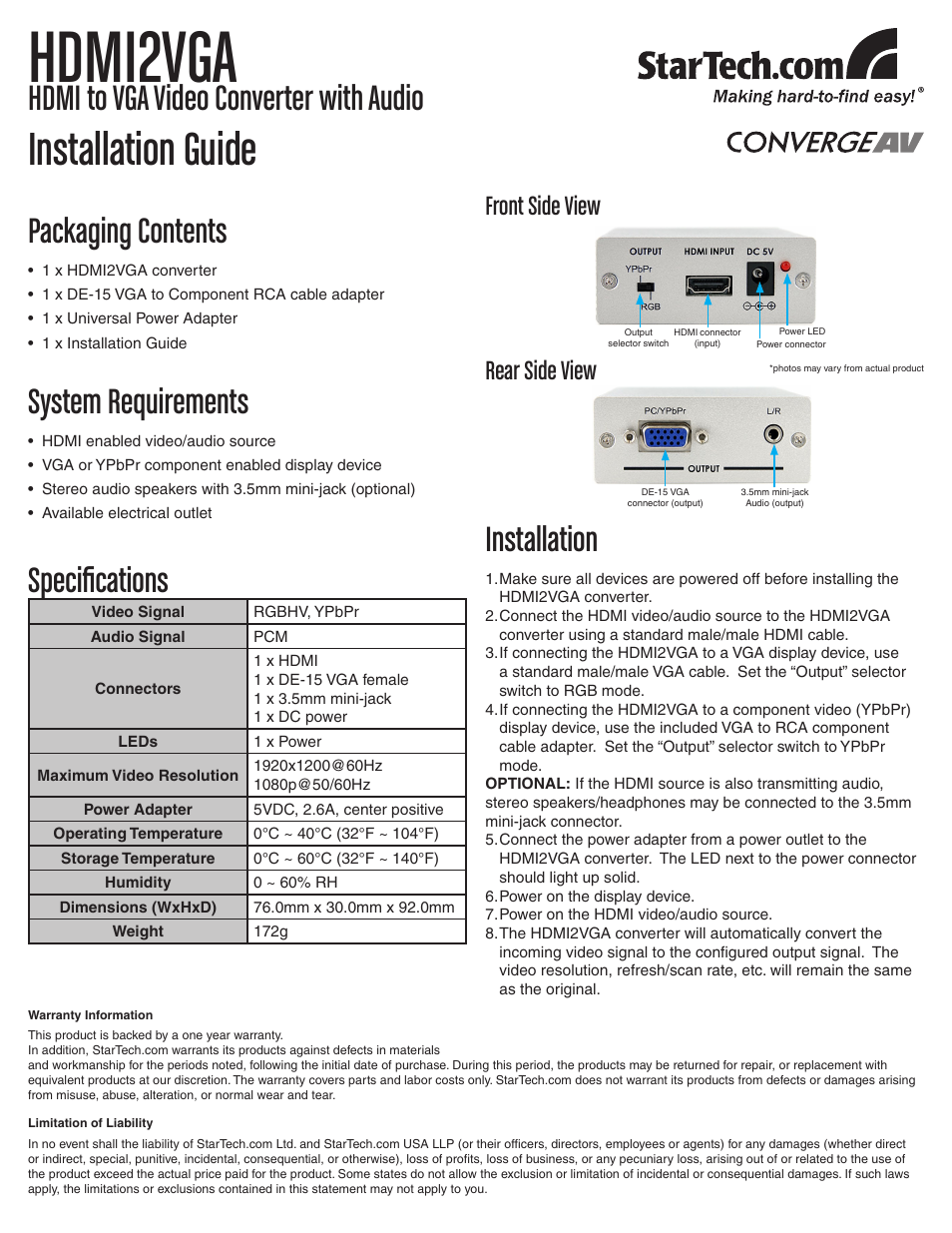 StarTech.com HDMI to VGA Video Adapter Converter with Audio User Manual | 1 page