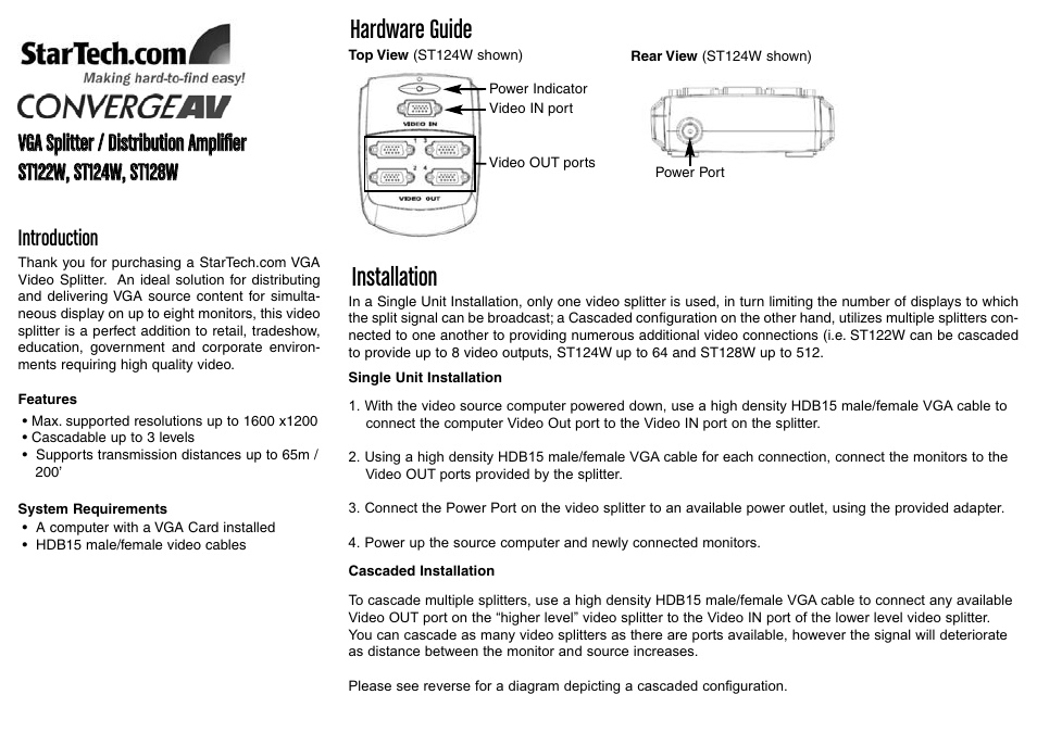 StarTech.com ST124W 4 Port Wall-Mountable VGA Video Splitter (Black) User Manual | 2 pages