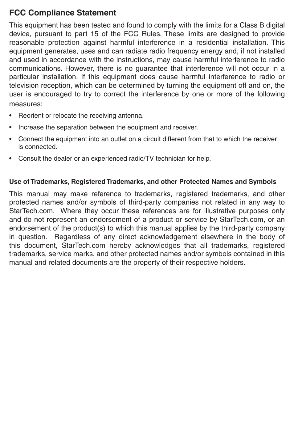 Fcc compliance statement | StarTech.com ST122DVIA 2 Port DVI Video Splitter with Audio User Manual | Page 2 / 11