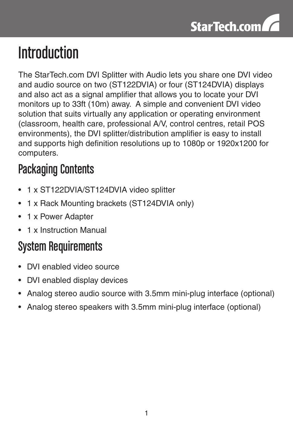 Introduction, Packaging contents, System requirements | StarTech.com ST122DVIA 2 Port DVI Video Splitter with Audio User Manual | Page 4 / 11