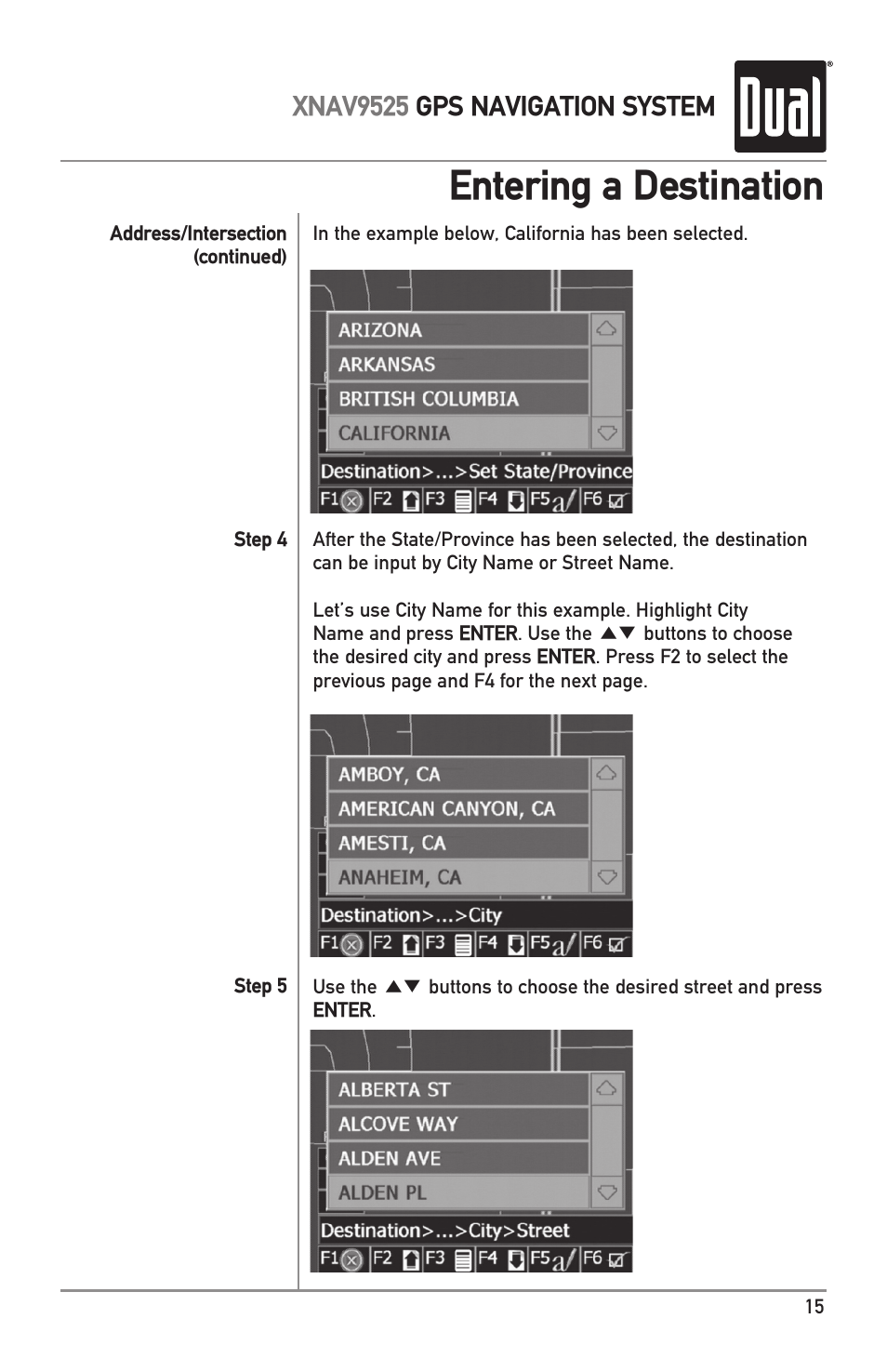 Entering a destination, Xnav9525 gps navigation system | Dual XNAV9525 User Manual | Page 15 / 36