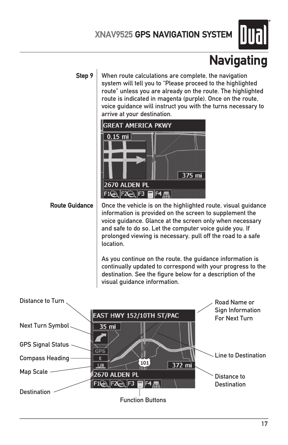 Navigating, Xnav9525 gps navigation system | Dual XNAV9525 User Manual | Page 17 / 36
