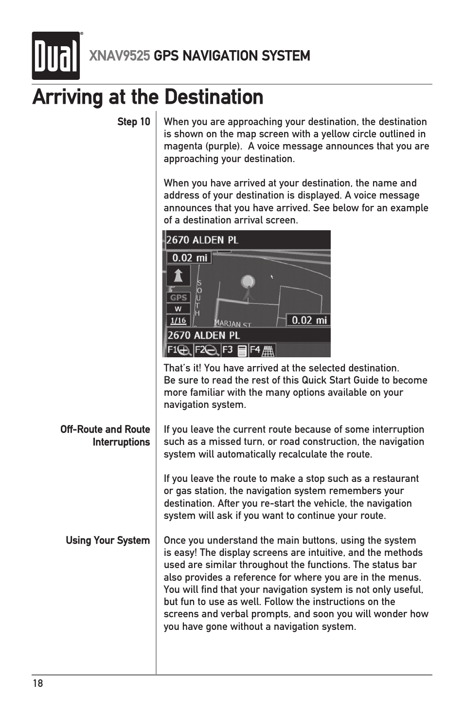 Arriving at the destination, Xnav9525 gps navigation system | Dual XNAV9525 User Manual | Page 18 / 36