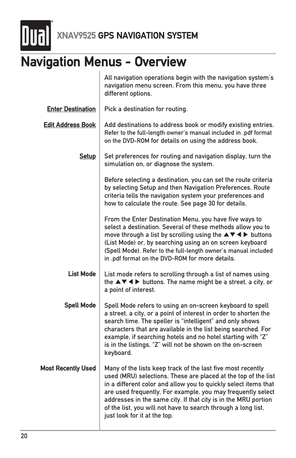 Navigation menus - overview, Xnav9525 gps navigation system | Dual XNAV9525 User Manual | Page 20 / 36