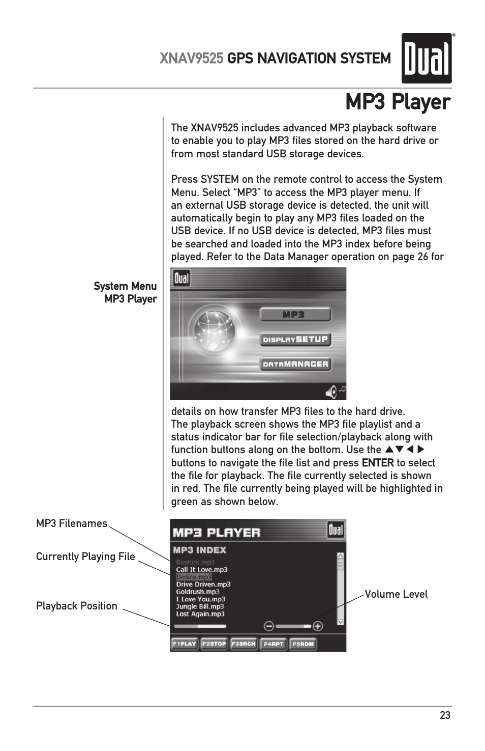 Mp3 player, Xnav9525 gps navigation system | Dual XNAV9525 User Manual | Page 23 / 36