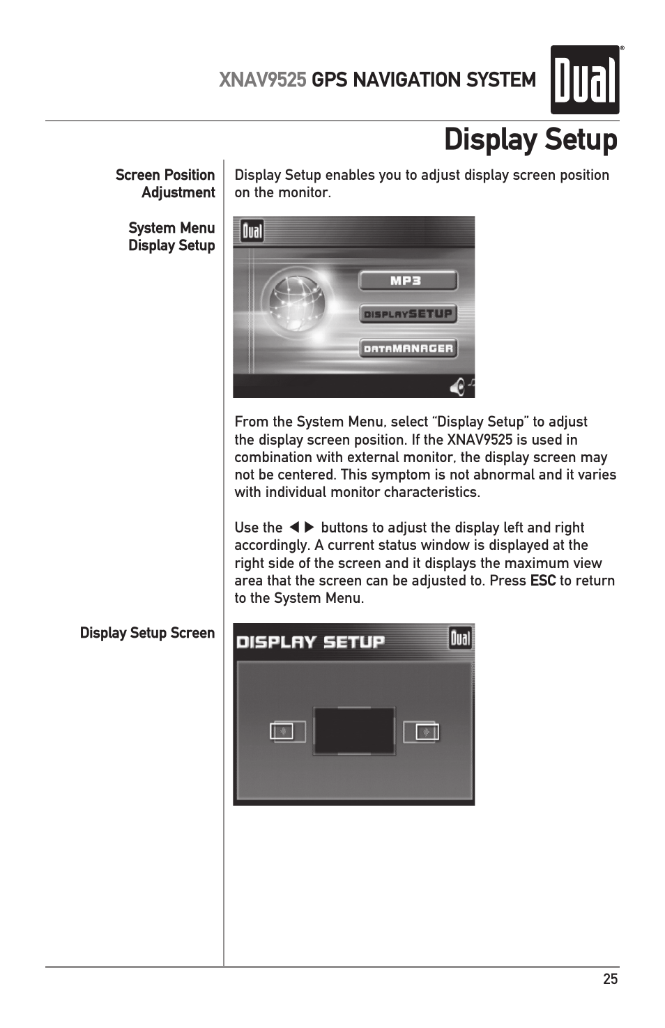 Display setup, Xnav9525 gps navigation system | Dual XNAV9525 User Manual | Page 25 / 36