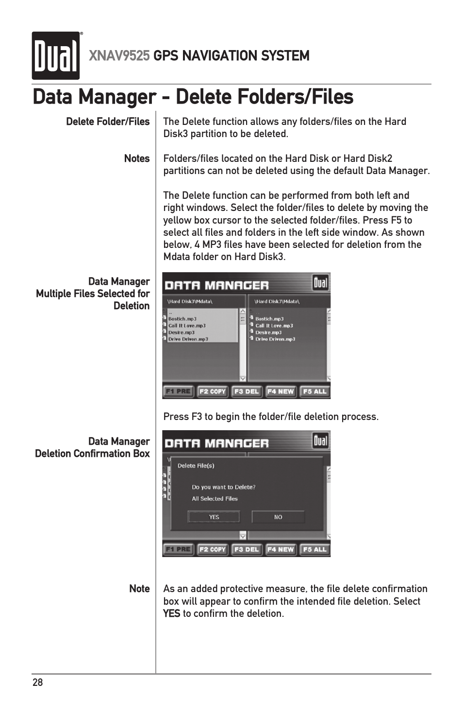 Data manager - delete folders/files, Xnav9525 gps navigation system | Dual XNAV9525 User Manual | Page 28 / 36