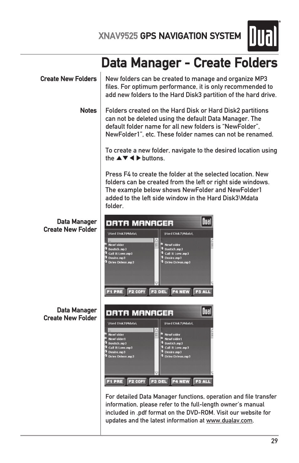 Data manager - create folders, Xnav9525 gps navigation system | Dual XNAV9525 User Manual | Page 29 / 36