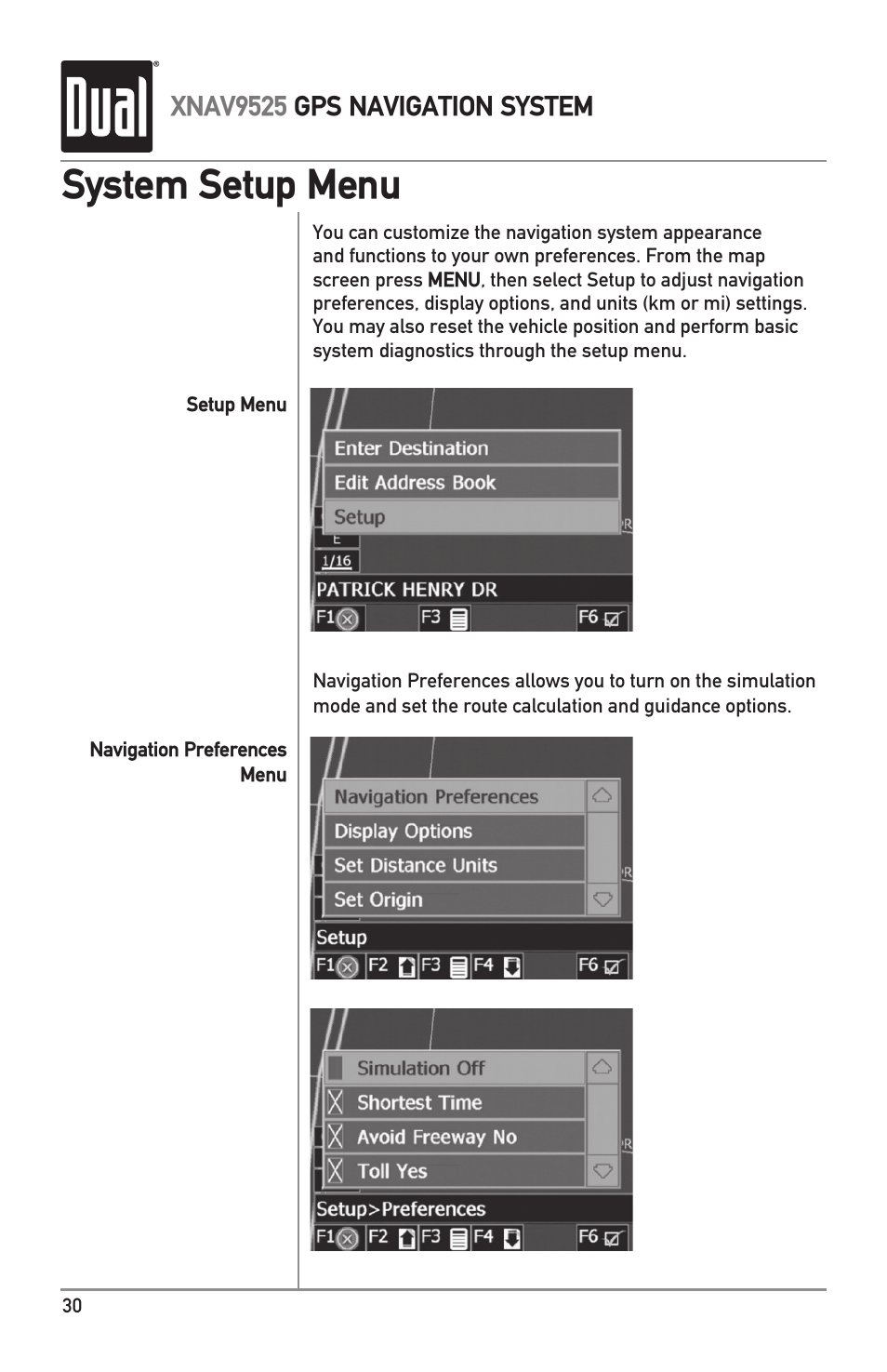 System setup menu | Dual XNAV9525 User Manual | Page 30 / 36