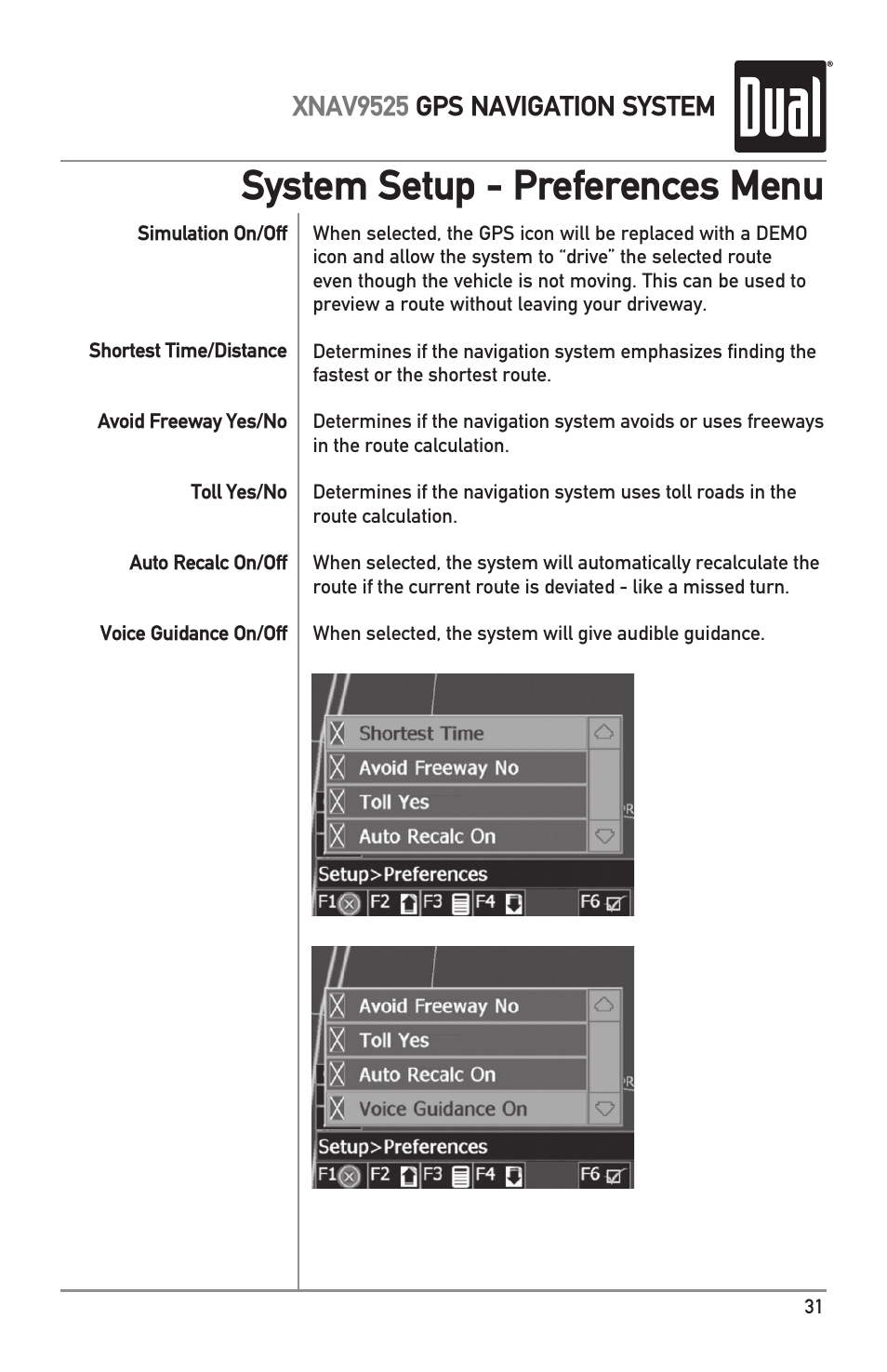 System setup - preferences menu, Xnav9525 gps navigation system | Dual XNAV9525 User Manual | Page 31 / 36