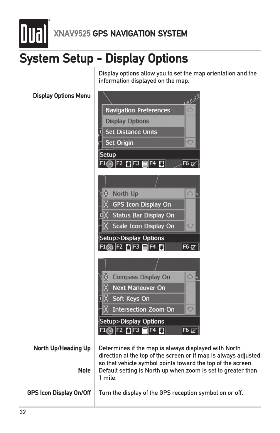 System setup - display options, Xnav9525 gps navigation system | Dual XNAV9525 User Manual | Page 32 / 36
