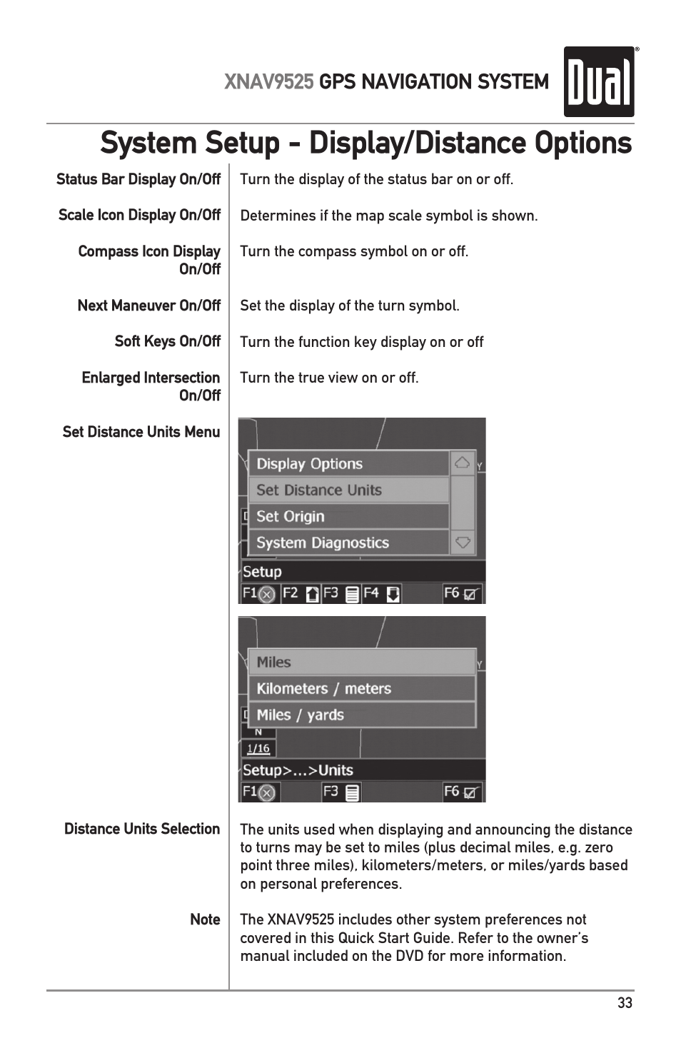 System setup - display/distance options, Xnav9525 gps navigation system | Dual XNAV9525 User Manual | Page 33 / 36