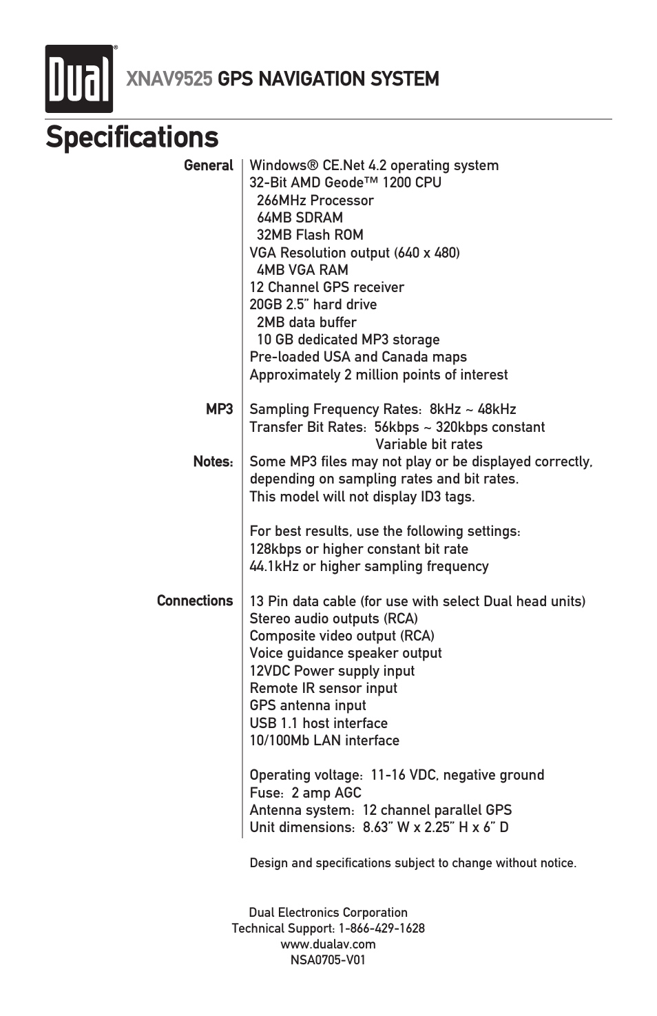 Specifications, Xnav9525 gps navigation system | Dual XNAV9525 User Manual | Page 36 / 36