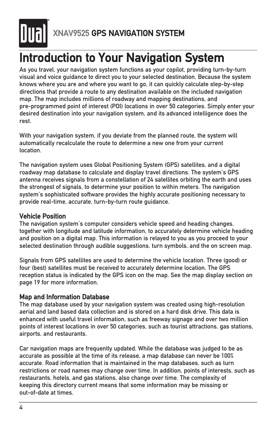 Introduction to your navigation system | Dual XNAV9525 User Manual | Page 4 / 36