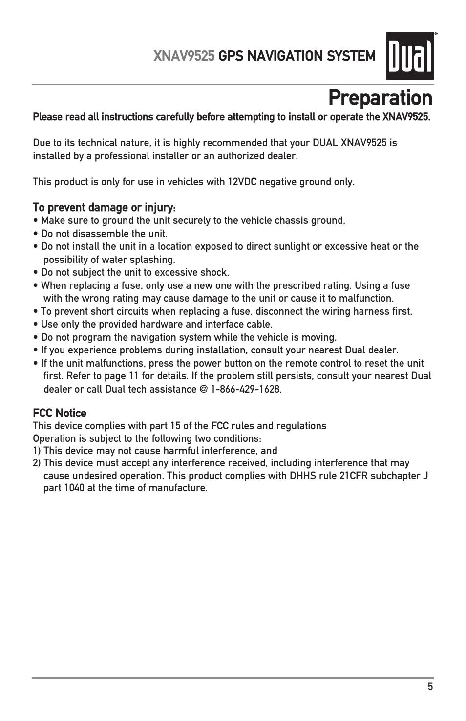 Preparation, Xnav9525 gps navigation system | Dual XNAV9525 User Manual | Page 5 / 36