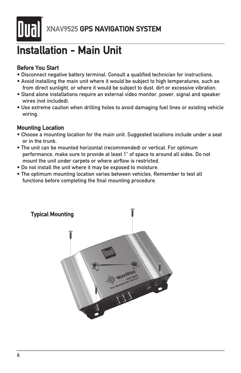 Installation - main unit, Xnav9525 gps navigation system | Dual XNAV9525 User Manual | Page 6 / 36