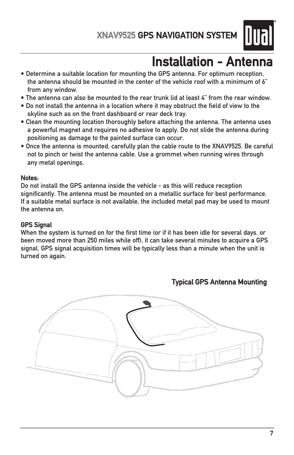 Installation - antenna, Xnav9525 gps navigation system | Dual XNAV9525 User Manual | Page 7 / 36