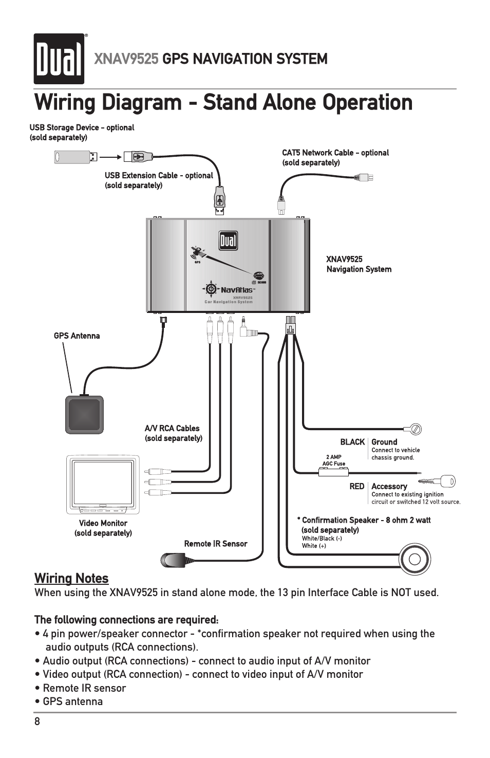 Wiring diagram - stand alone operation | Dual XNAV9525 User Manual | Page 8 / 36