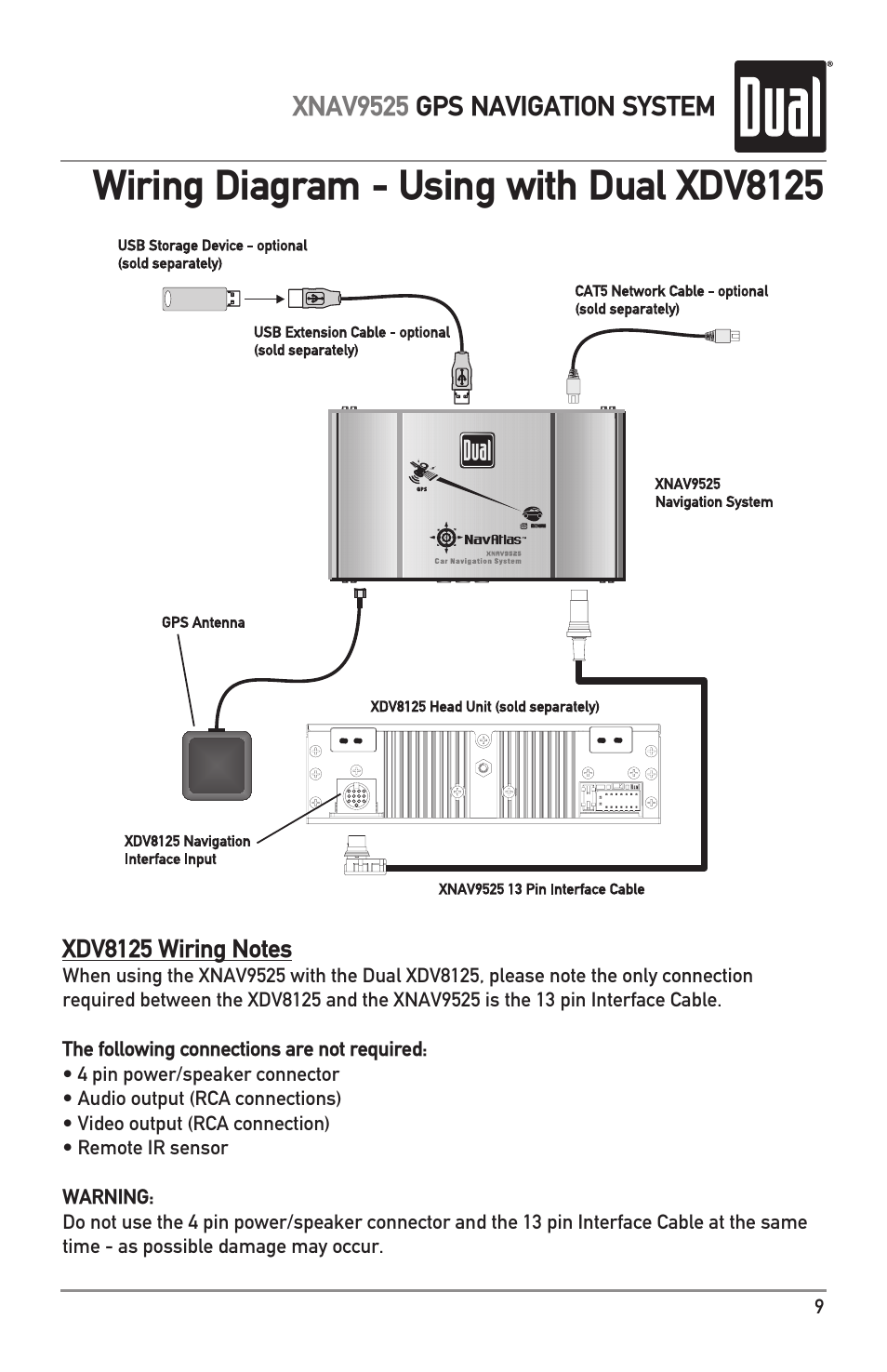 Wiring diagram - using with dual xdv8125 | Dual XNAV9525 User Manual | Page 9 / 36