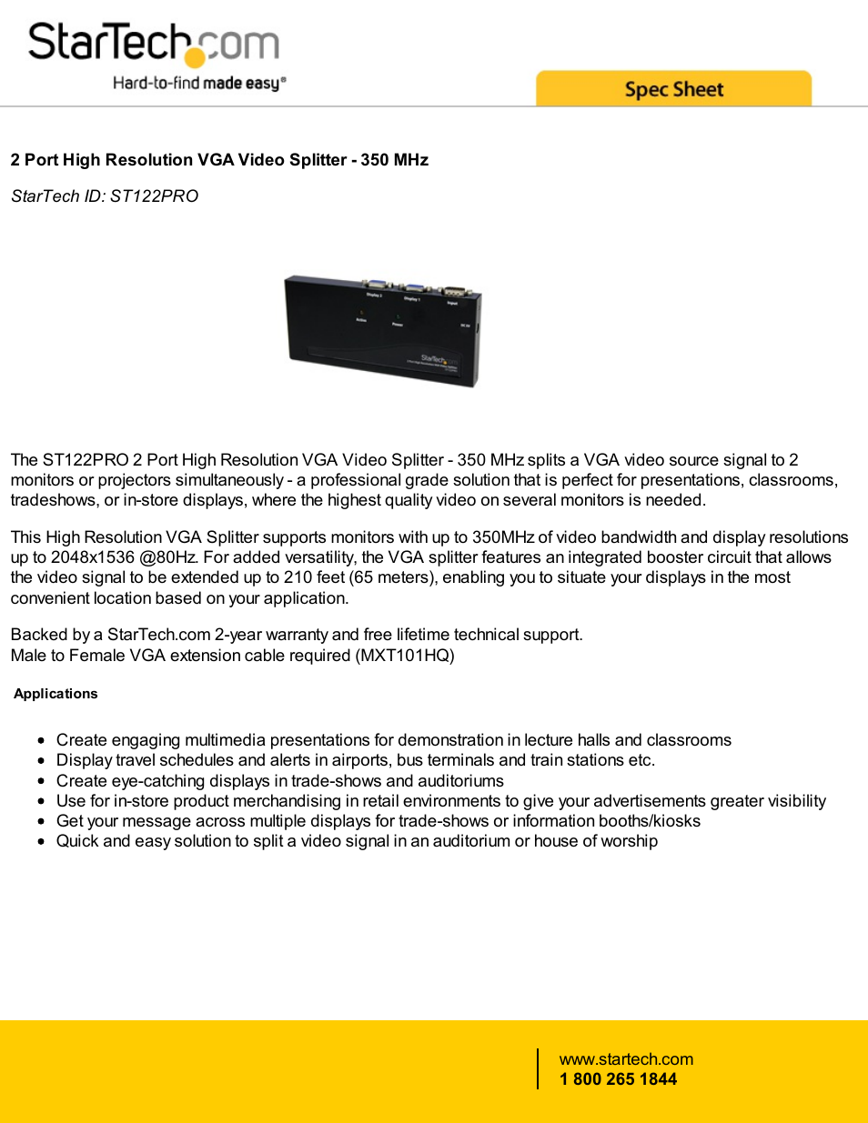 StarTech.com 2-Port High Resolution VGA Splitter (350 MHz, Black) User Manual | 4 pages