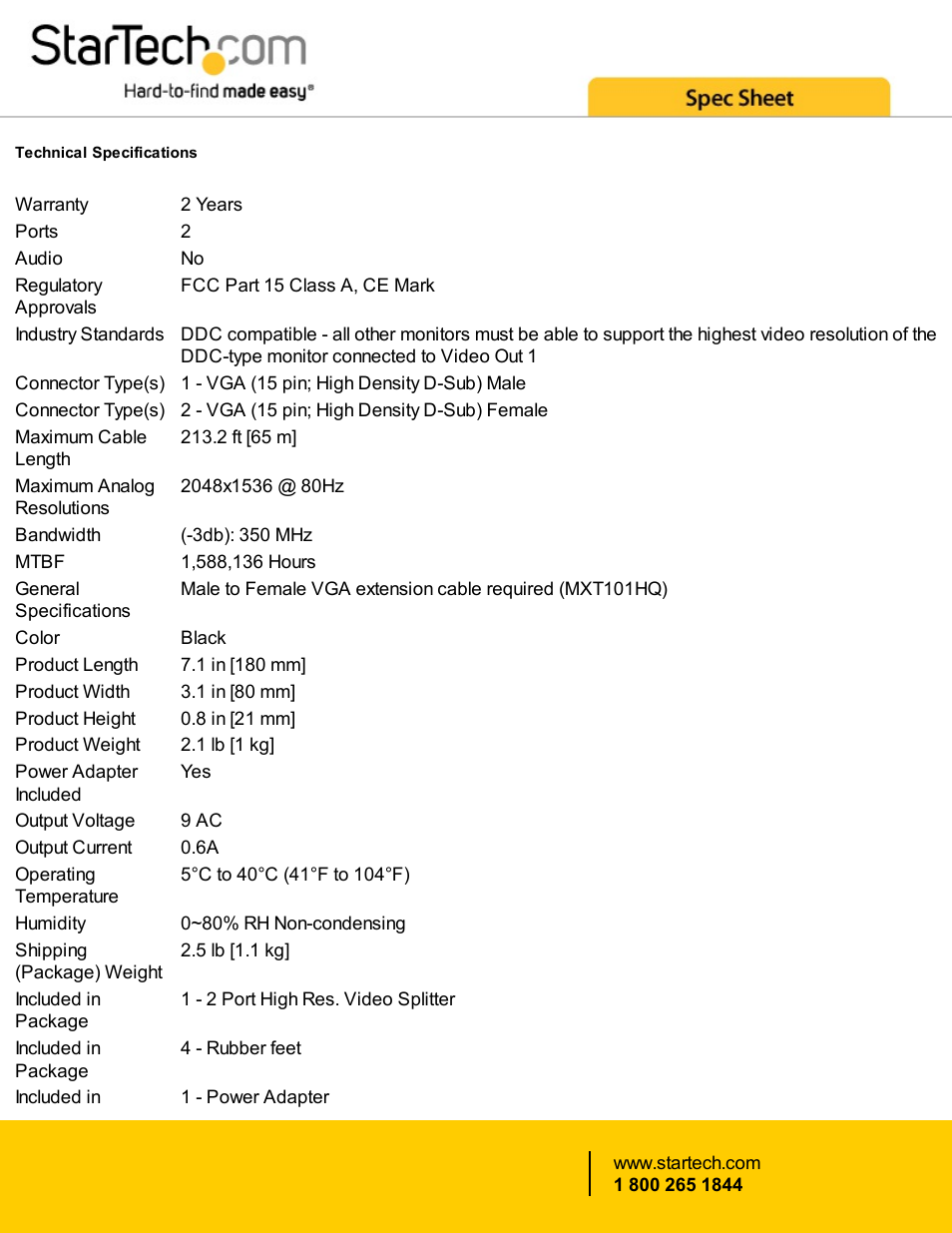 StarTech.com 2-Port High Resolution VGA Splitter (350 MHz, Black) User Manual | Page 3 / 4