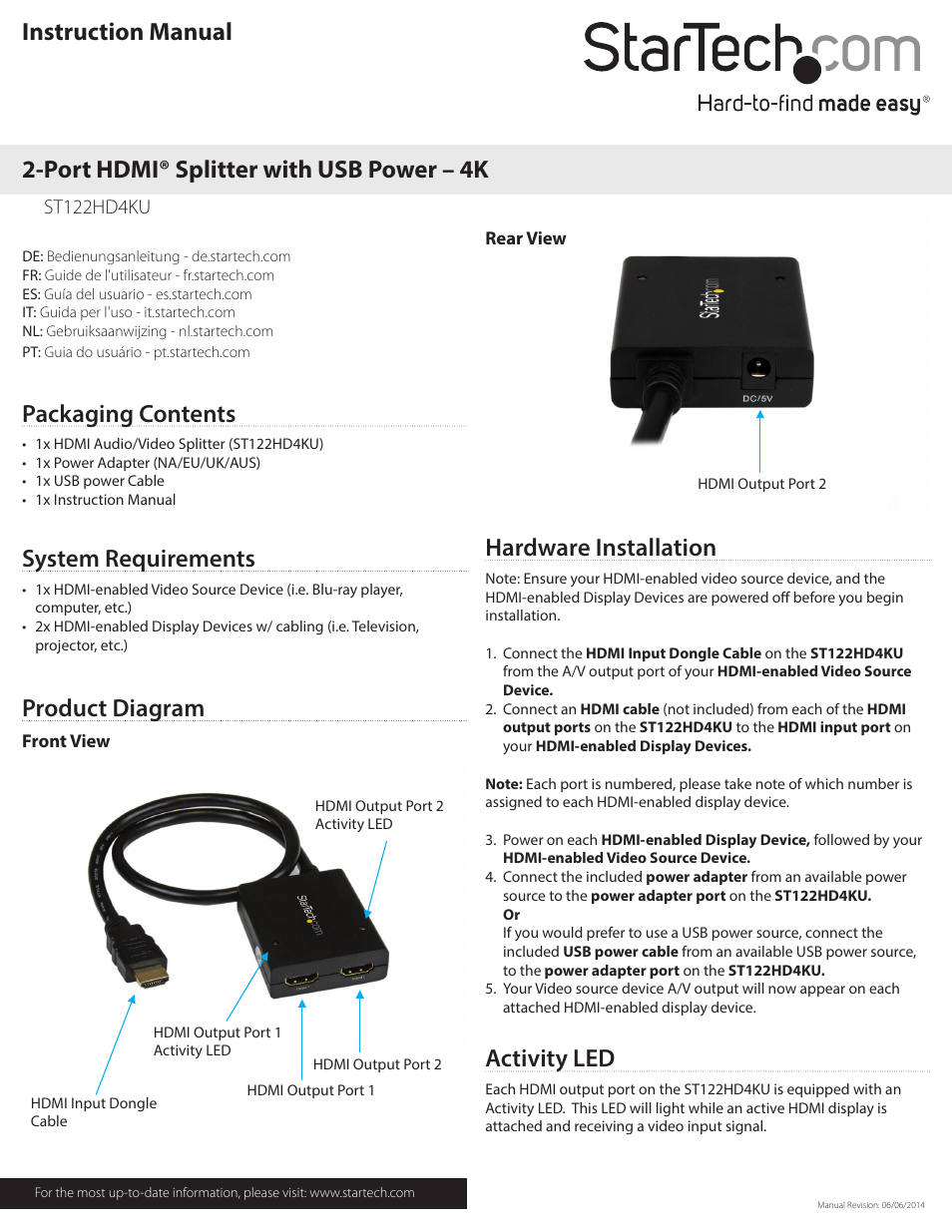 StarTech.com ST122HD4KU 1x2 UHD 4K HDMI Splitter User Manual | 2 pages