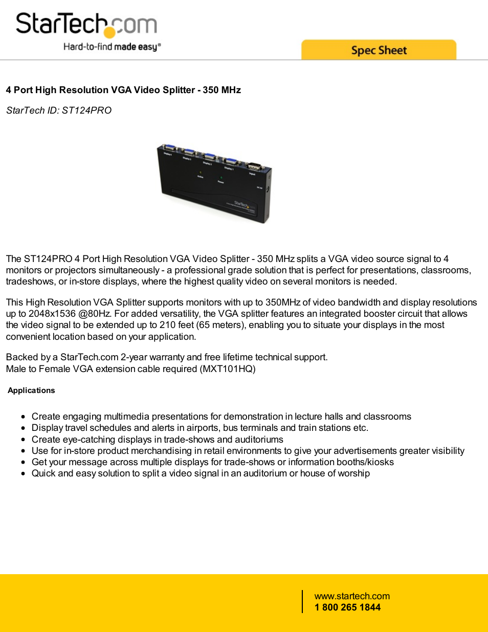 StarTech.com 4-Port High Resolution VGA Video Splitter (Black) User Manual | 4 pages