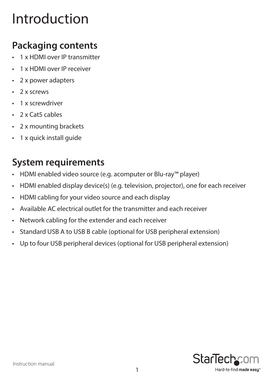 Introduction, Packaging contents, System requirements | StarTech.com HDMI and USB over Cat5e/6 Distribution Kit User Manual | Page 4 / 11