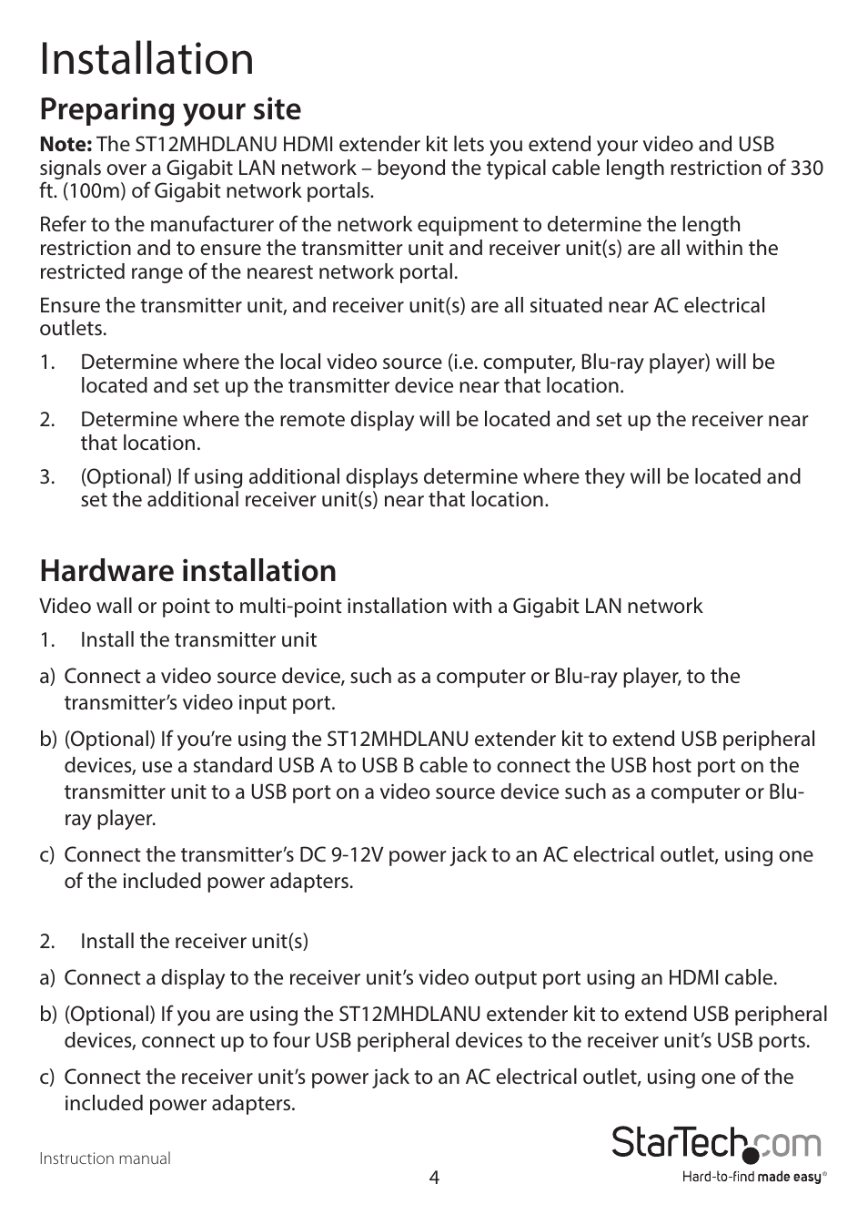 Installation, Preparing your site, Hardware installation | StarTech.com HDMI and USB over Cat5e/6 Distribution Kit User Manual | Page 7 / 11