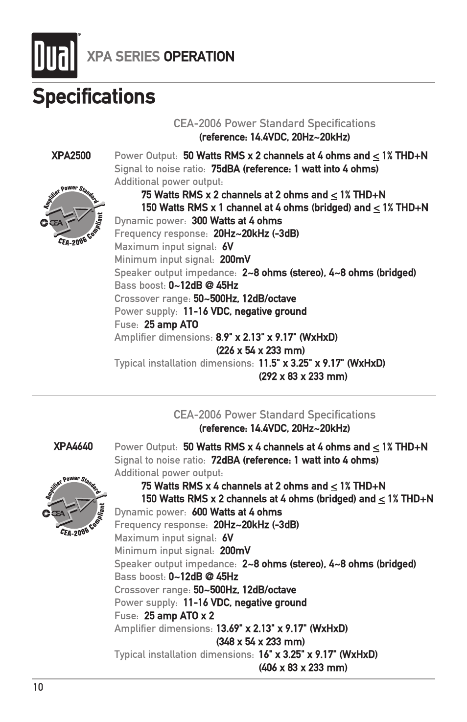 Specifications, Xpa series operation | Dual XPA4640 User Manual | Page 10 / 12