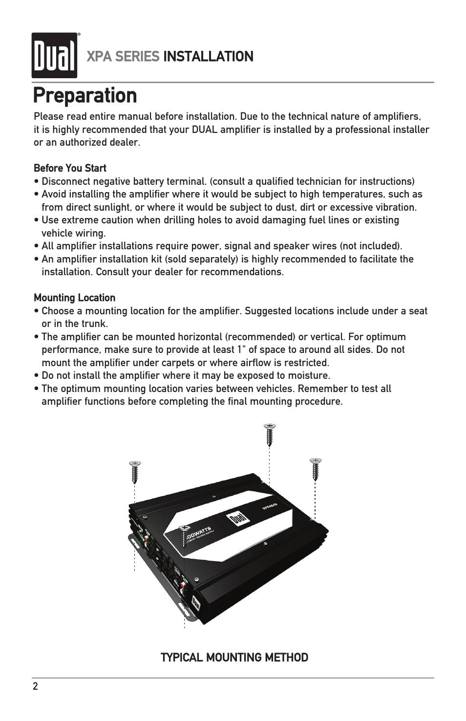 Preparation, Xpa series installation | Dual XPA4640 User Manual | Page 2 / 12