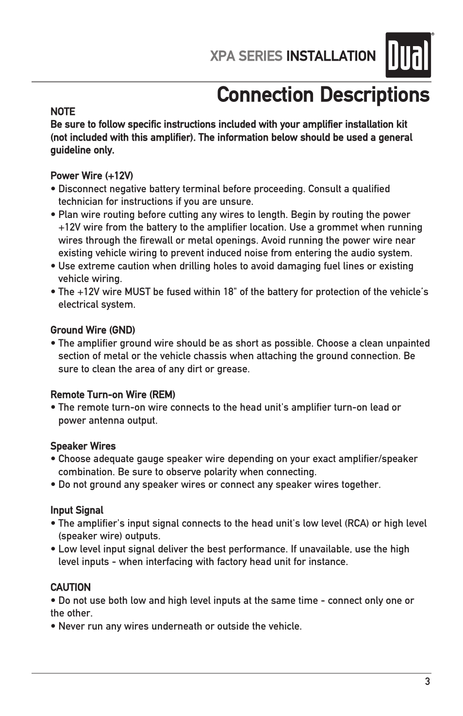 Connection descriptions, Xpa series installation | Dual XPA4640 User Manual | Page 3 / 12