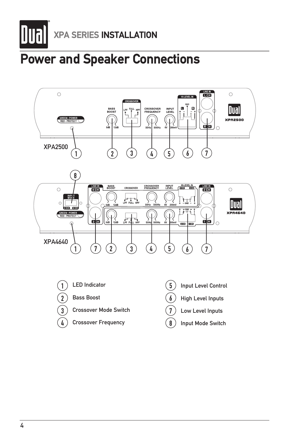 Power and speaker connections, Xpa series installation | Dual XPA4640 User Manual | Page 4 / 12