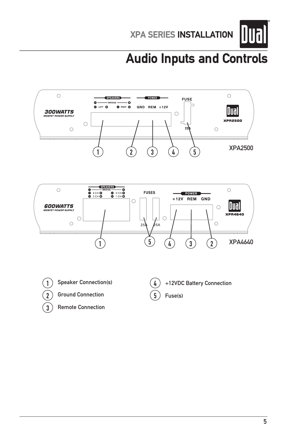 Audio inputs and controls, Xpa series installation | Dual XPA4640 User Manual | Page 5 / 12