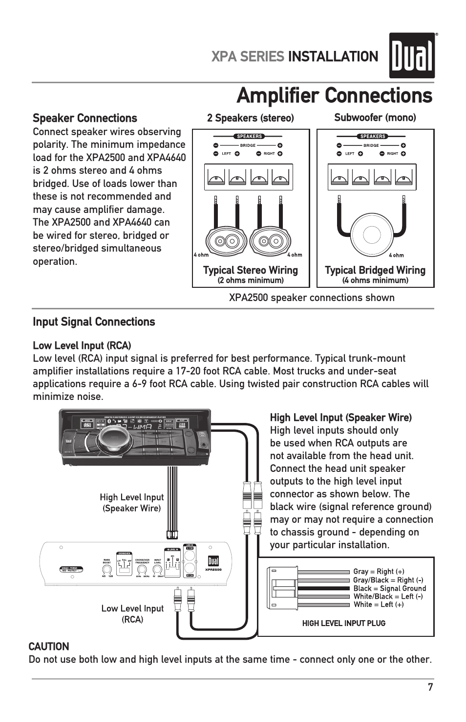 Amplifier connections, Xpa series installation | Dual XPA4640 User Manual | Page 7 / 12