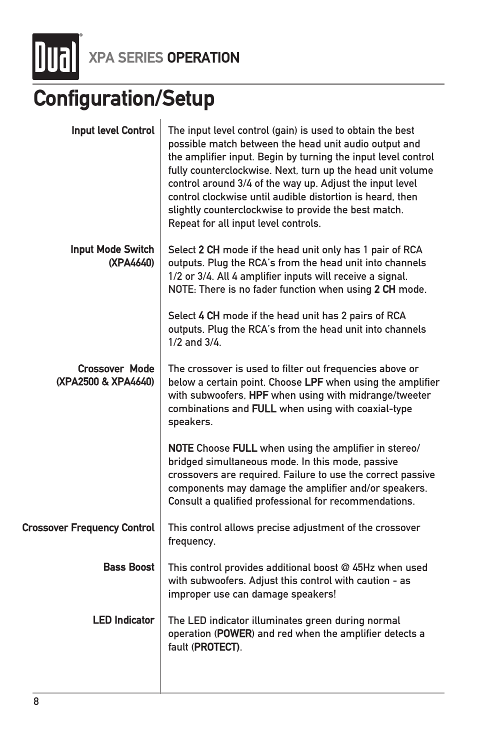 Configuration/setup, Xpa series operation | Dual XPA4640 User Manual | Page 8 / 12