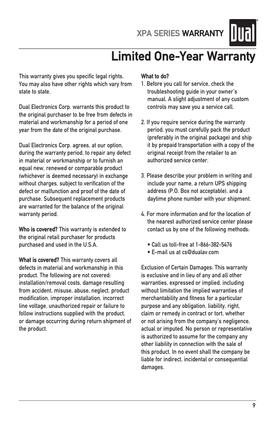 Limited one-year warranty, Xpa series warranty | Dual XPA4640 User Manual | Page 9 / 12