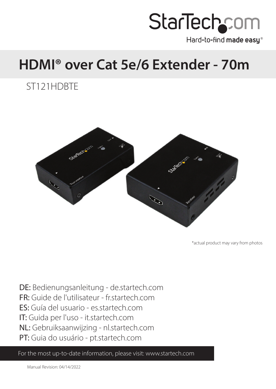 StarTech.com Ultra HD 4K HDMI over Cat 5e/6 HDBaseT Extender Kit (230') User Manual | 10 pages