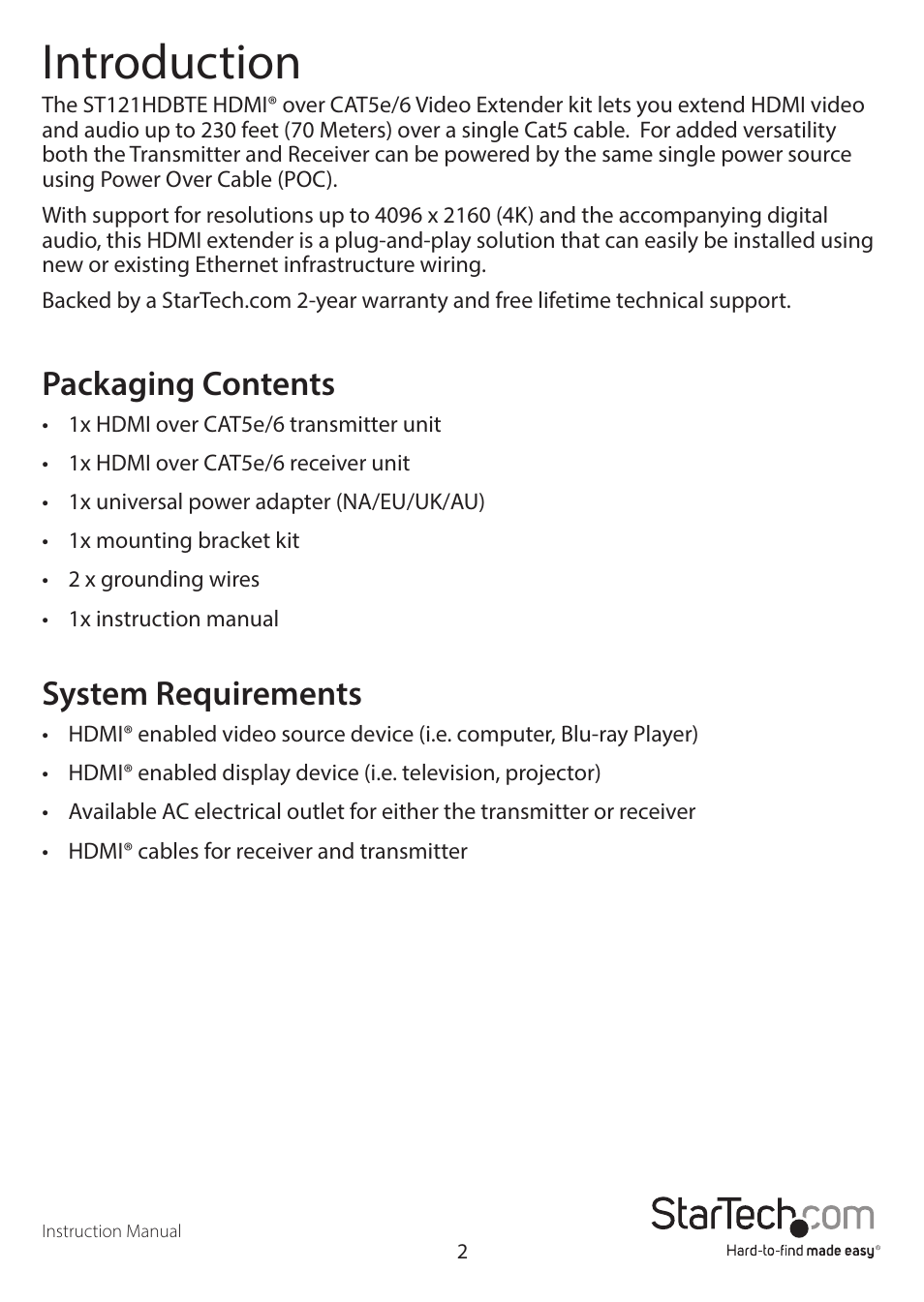 Introduction, Packaging contents, System requirements | StarTech.com Ultra HD 4K HDMI over Cat 5e/6 HDBaseT Extender Kit (230') User Manual | Page 5 / 10