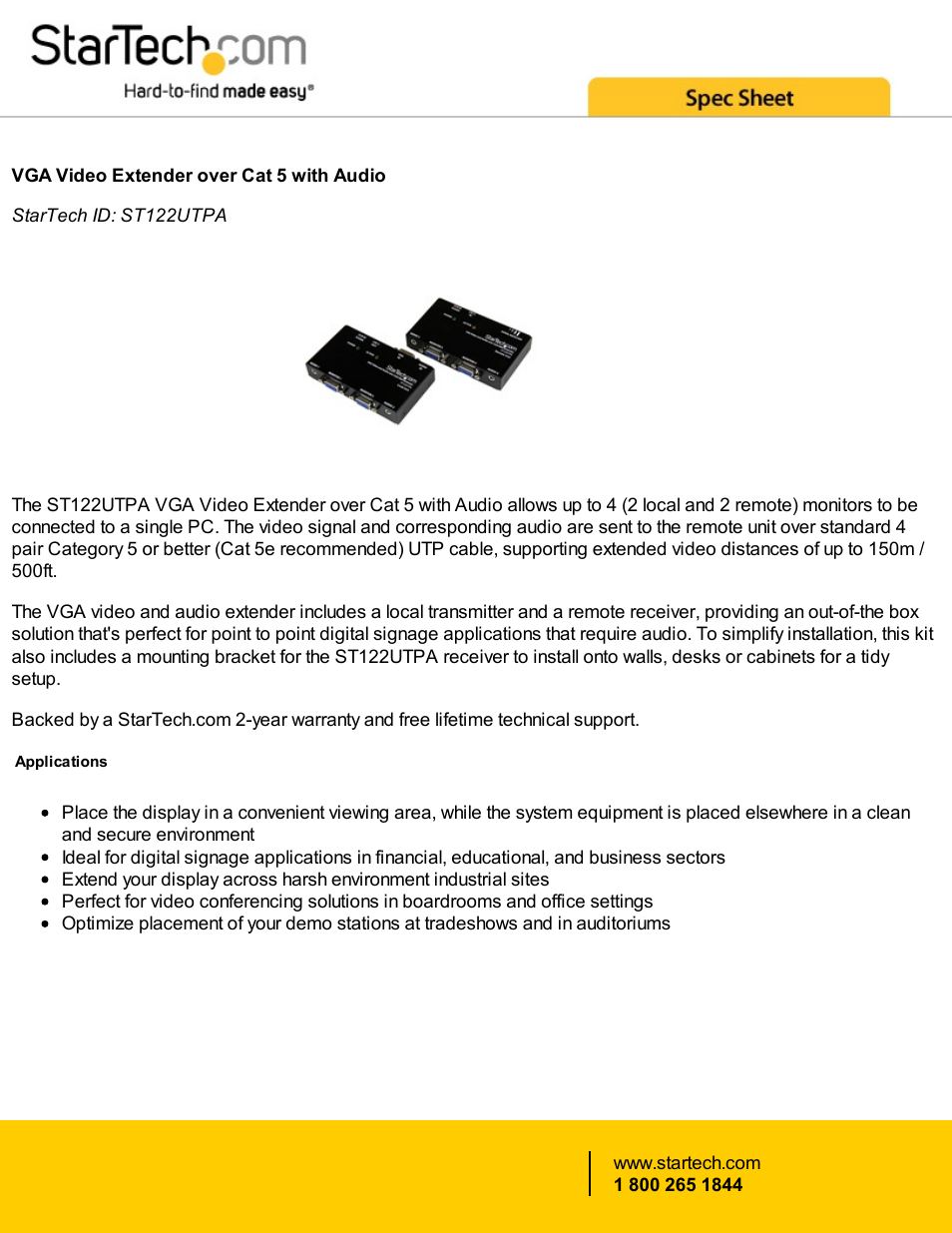 StarTech.com ST122UTPA VGA Video Extender Kit with Audio Support over CAT-5 Cable User Manual | 4 pages