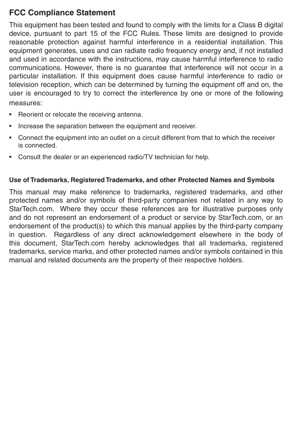 Fcc compliance statement | StarTech.com ST121R VGA Video Extender Remote Receiver Over Cat5 (Black) User Manual | Page 2 / 14