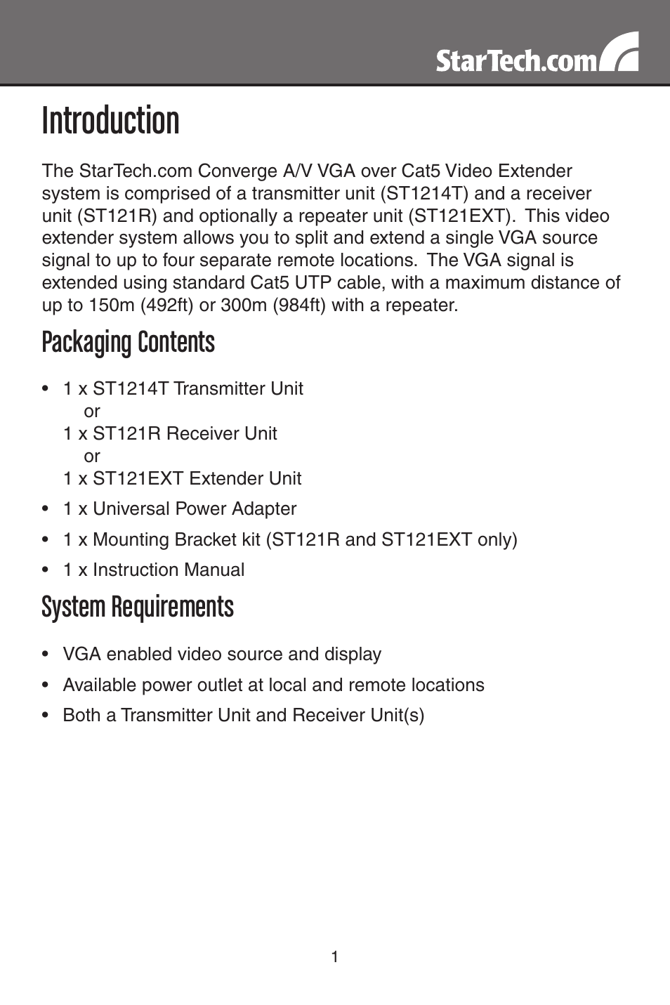 Introduction, Packaging contents, System requirements | StarTech.com ST121R VGA Video Extender Remote Receiver Over Cat5 (Black) User Manual | Page 4 / 14