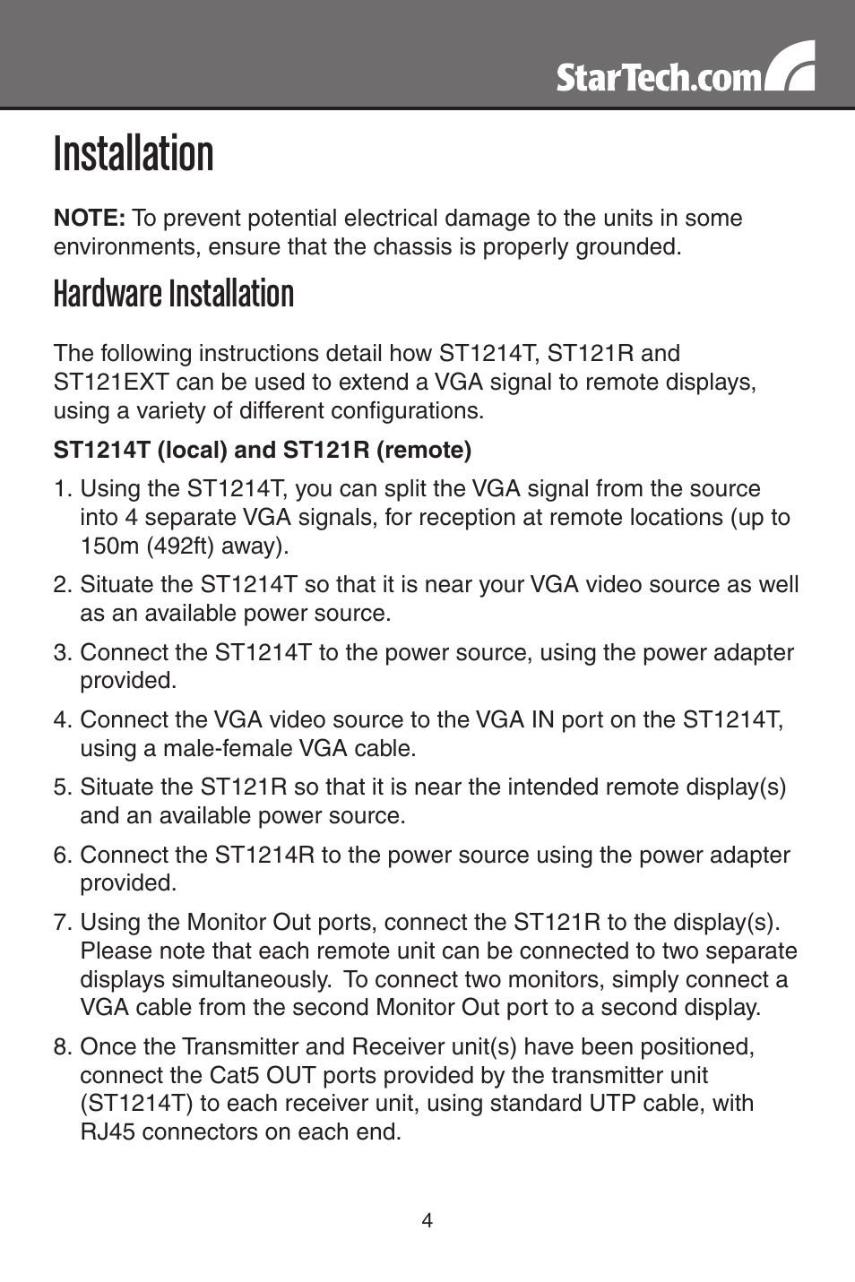 Installation, Hardware installation | StarTech.com ST121R VGA Video Extender Remote Receiver Over Cat5 (Black) User Manual | Page 7 / 14