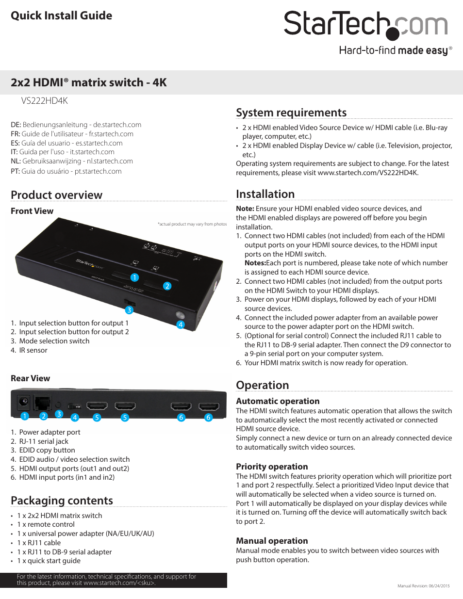 StarTech.com VS222HD4K 2 x 2 HDMI 4K Matrix Switch with Fast Switching and Auto-Sensing (Black) User Manual | 2 pages