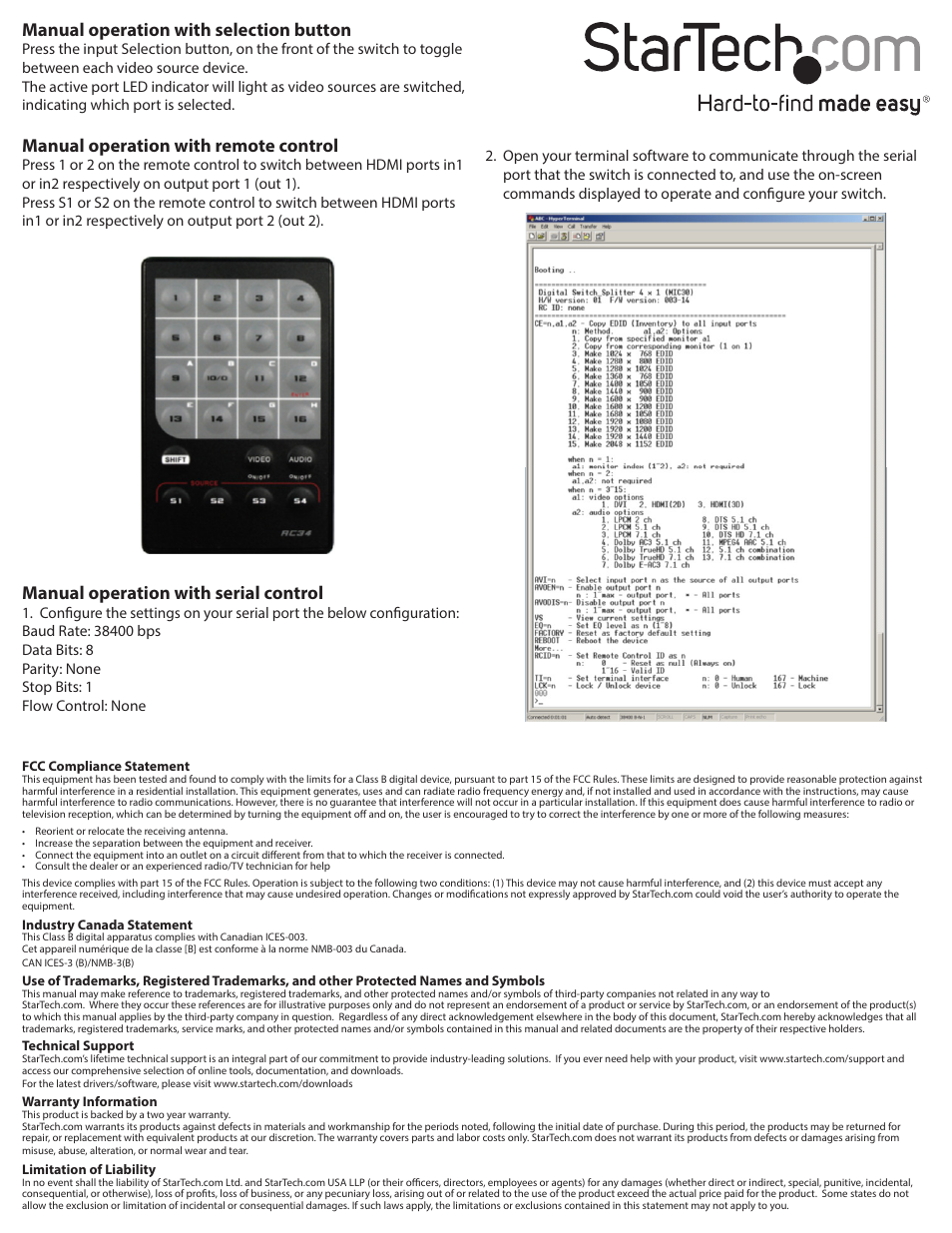 Manual operation with selection button, Manual operation with remote control, Manual operation with serial control | StarTech.com VS222HD4K 2 x 2 HDMI 4K Matrix Switch with Fast Switching and Auto-Sensing (Black) User Manual | Page 2 / 2