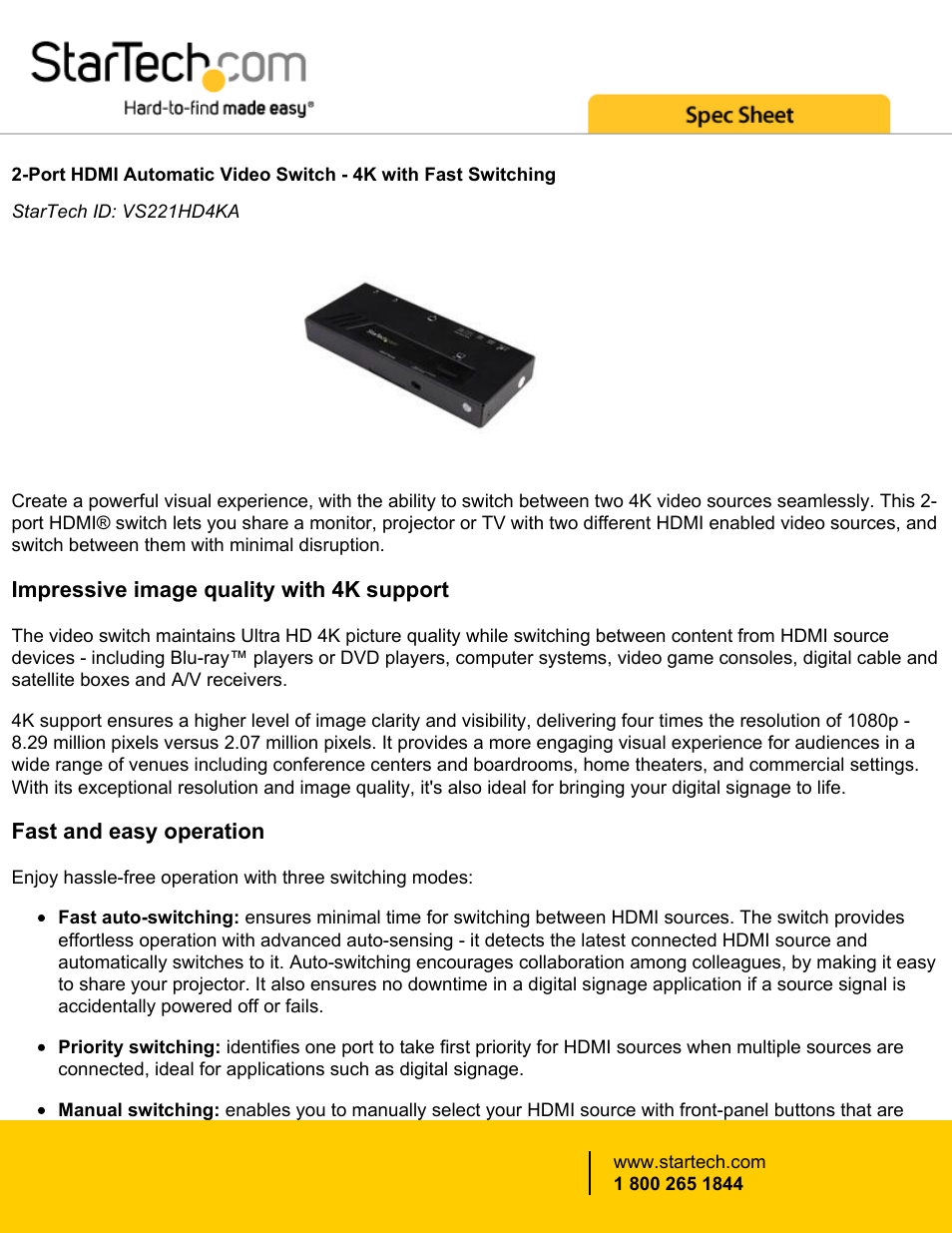 StarTech.com VS221HD4KA 2-Port HDMI 4K Automatic Video Switch with Fast Switching User Manual | 4 pages