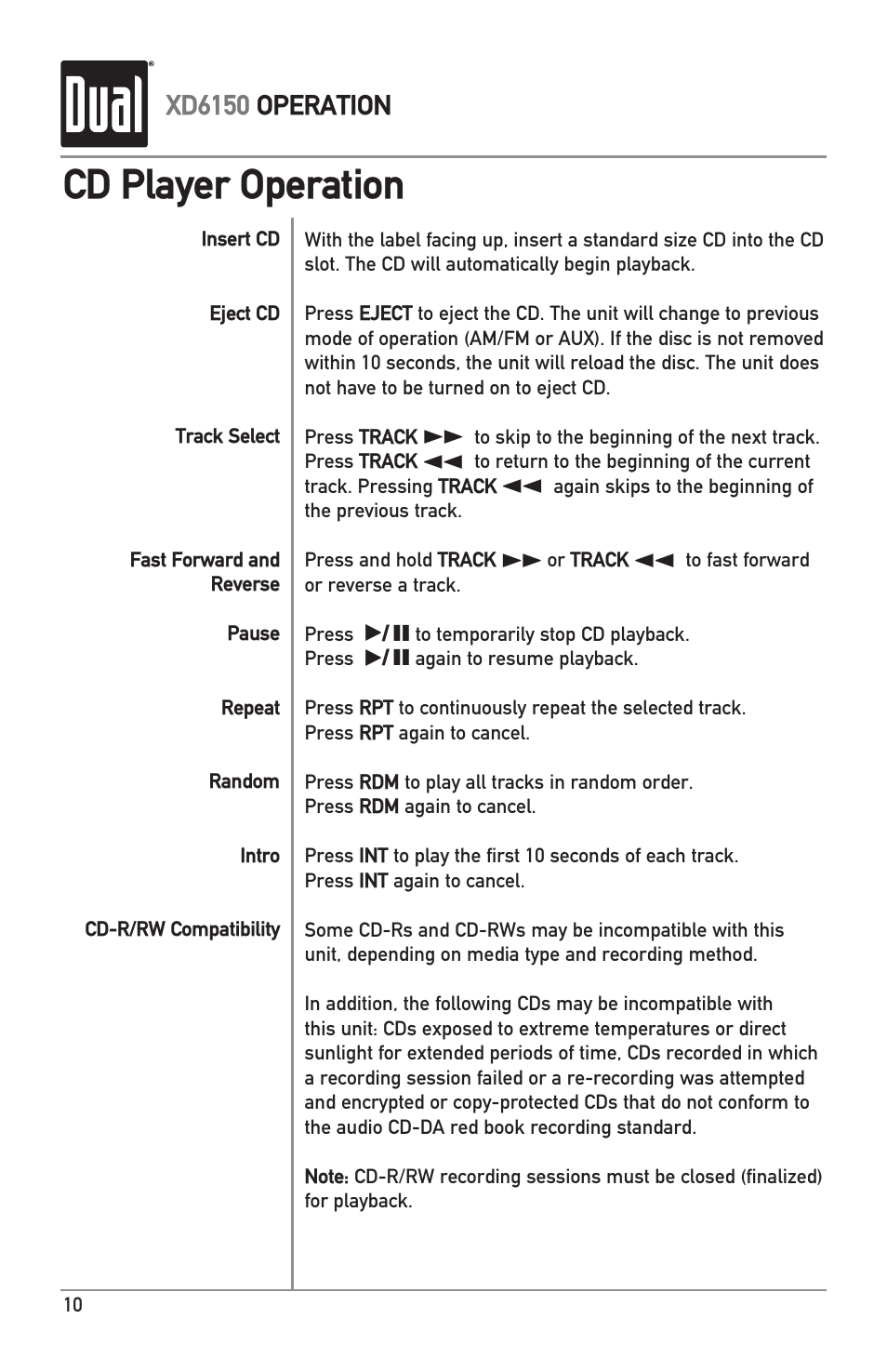 Cd player operation | Dual XD6150 User Manual | Page 10 / 16
