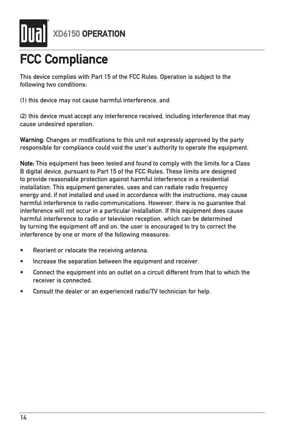 Fcc compliance, Xd6150 operation | Dual XD6150 User Manual | Page 14 / 16